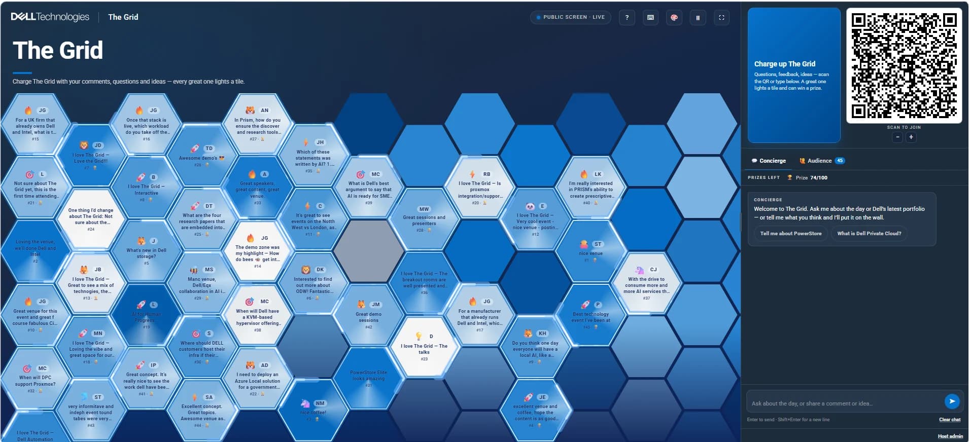 The Grid stage screen at Dell Grid North: a hexagonal wall of lit tiles, each carrying an attendee's comment, question or idea, with the join QR and event assistant on the right.